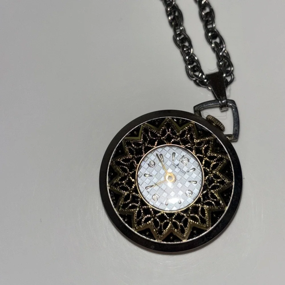 Vintage Alaron Pendant Watch Necklace Silver Tone Filigree Floral Sunburst Dial